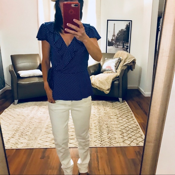 Como Vintage Tops - Como Vintage Blue Polka Dot Ruffle Wrap Top PS